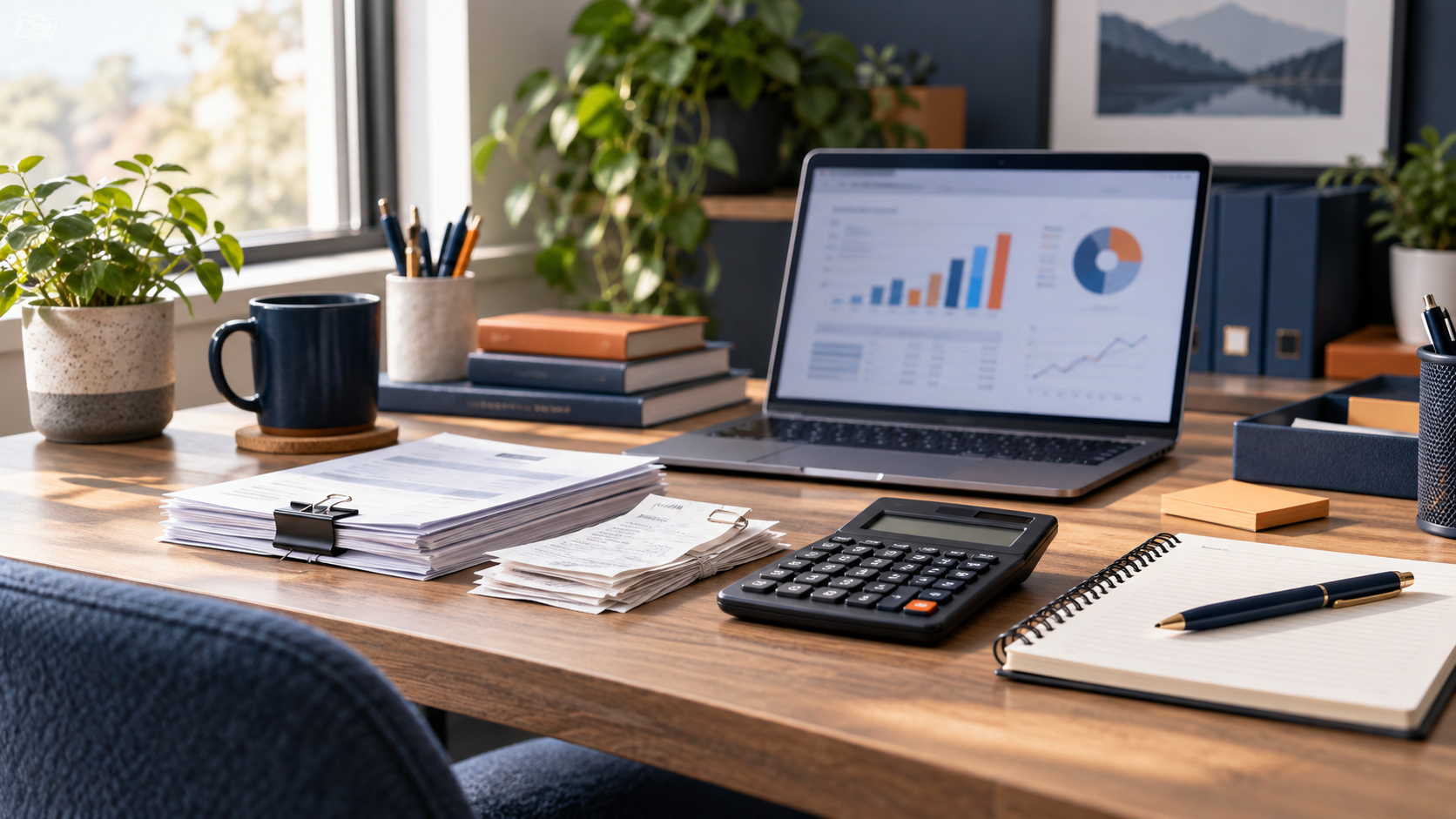 Organized bookkeeping workspace with receipts, calculator, notebook, and laptop
