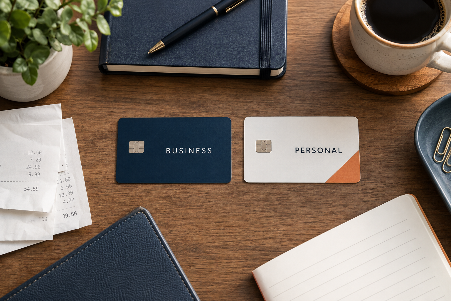 Organized workspace with separately labeled business and personal cards